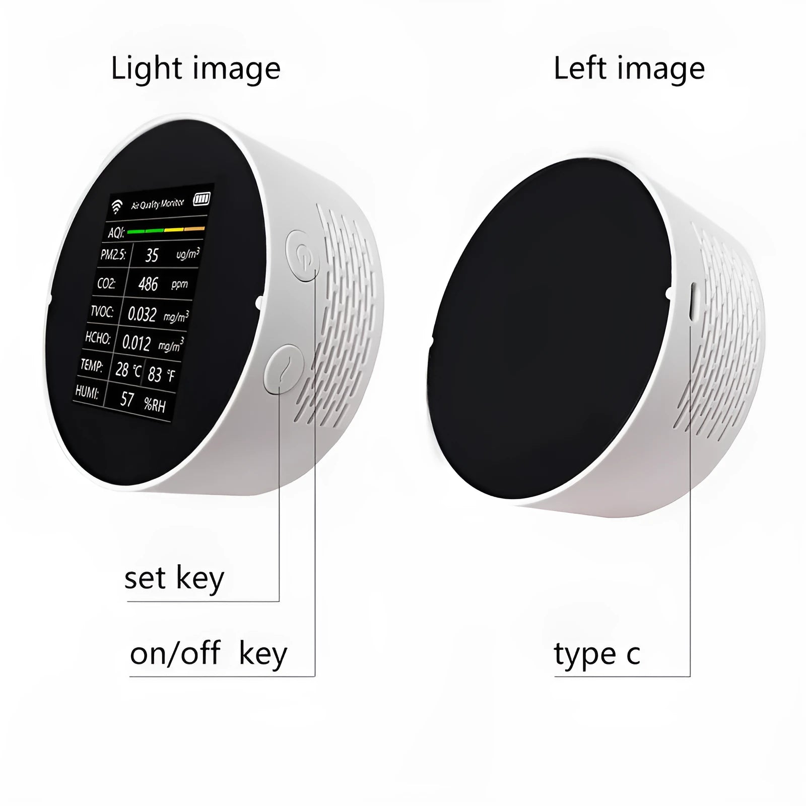 White air quality detector showing CO2, PM2.5, TVOC readings with compact 95x40mm design on desk