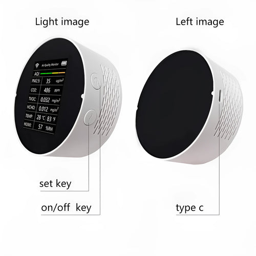 White air quality detector showing CO2, PM2.5, TVOC readings with compact 95x40mm design on desk