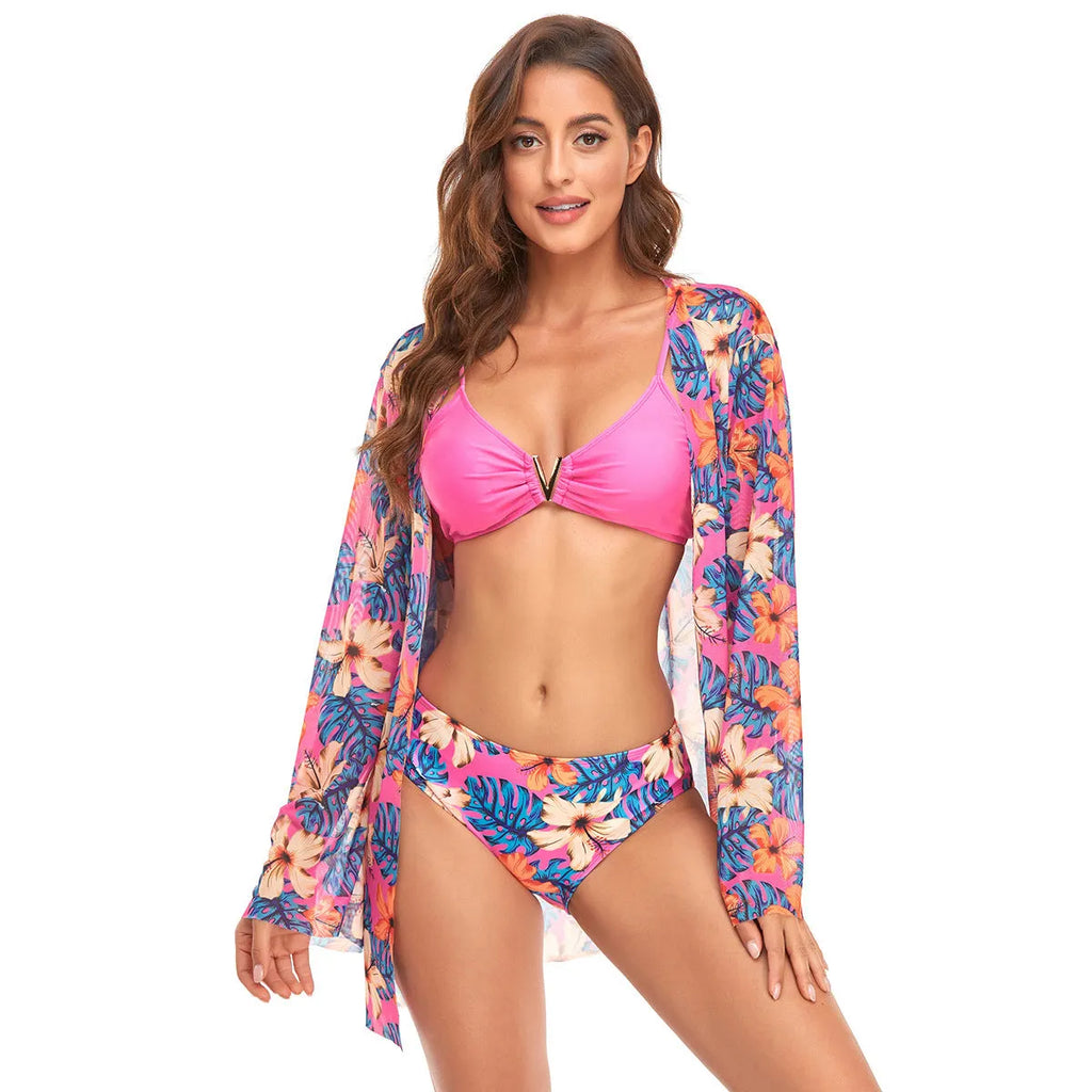 Women's three-piece triangle bikini set with V buckle and solid colour print in orange, polyester fabric