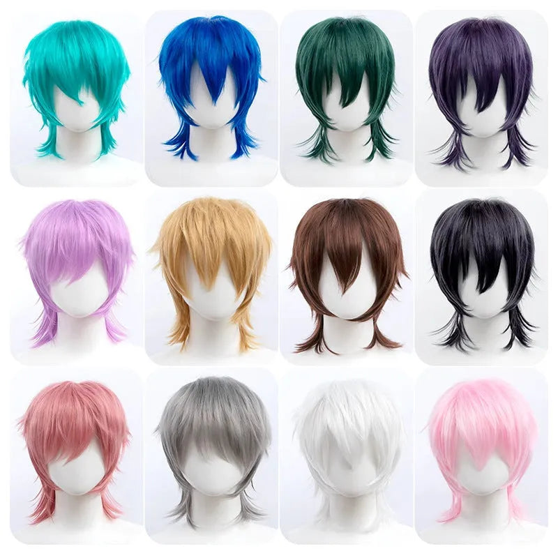 Short red anime-style cosplay wig with a straight, lengthened hair tail on a wig stand.