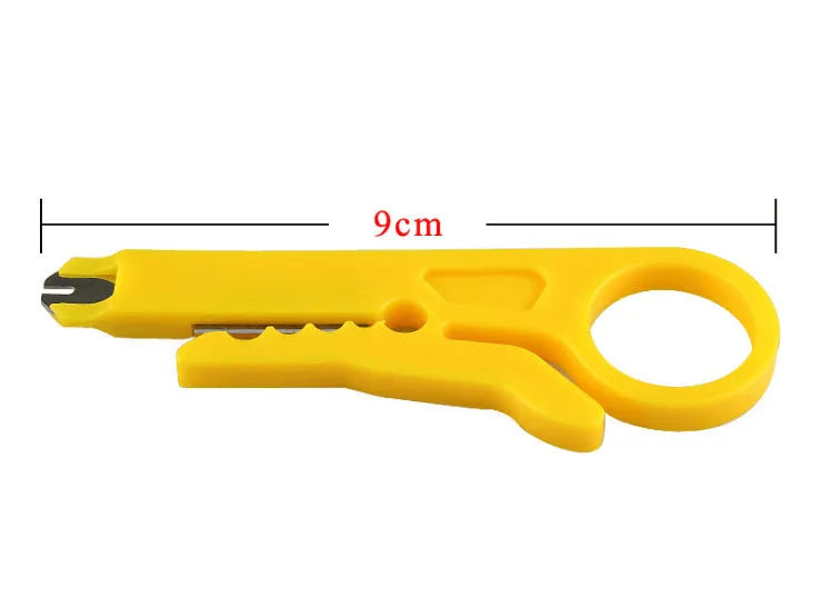 Yellow rubber-handled mini wire stripper tool with metal clamp for 0.6mm cables