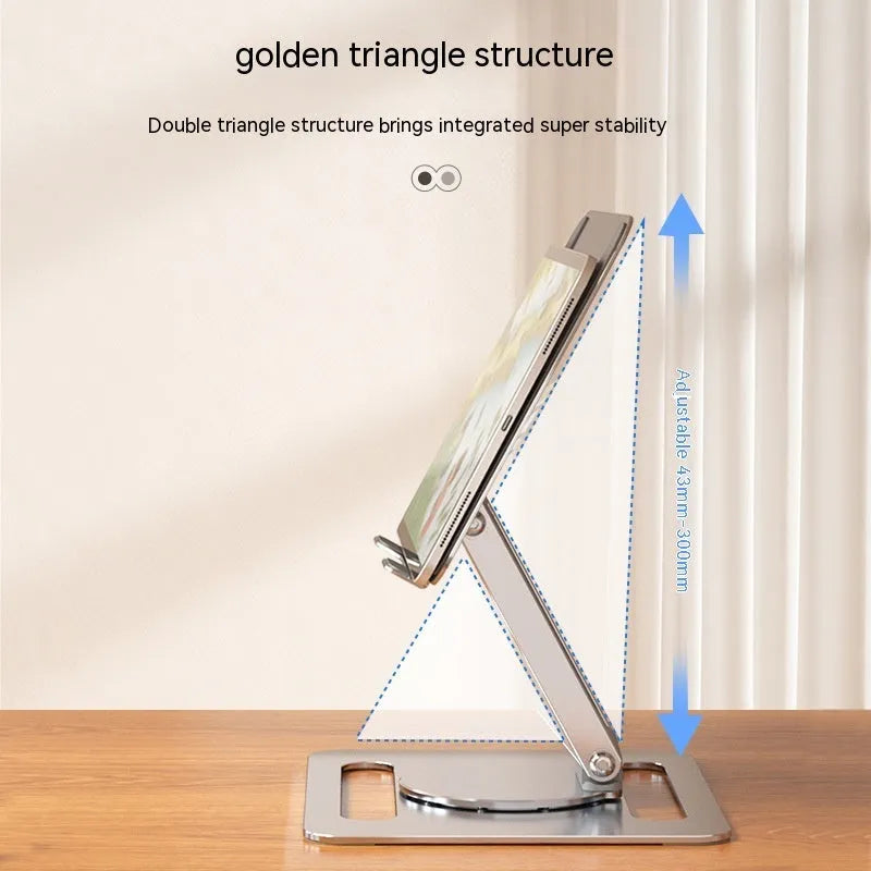 Folding aluminium alloy laptop and tablet stand in silver on a desk, showing unfolded position