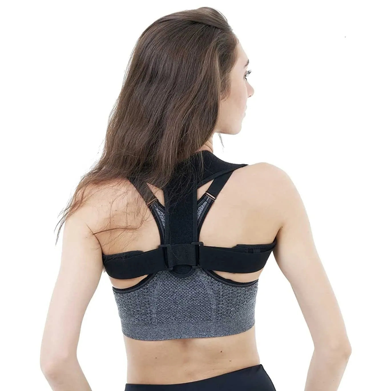 Black adjustable posture correction strap with elastic bands for back and shoulder support