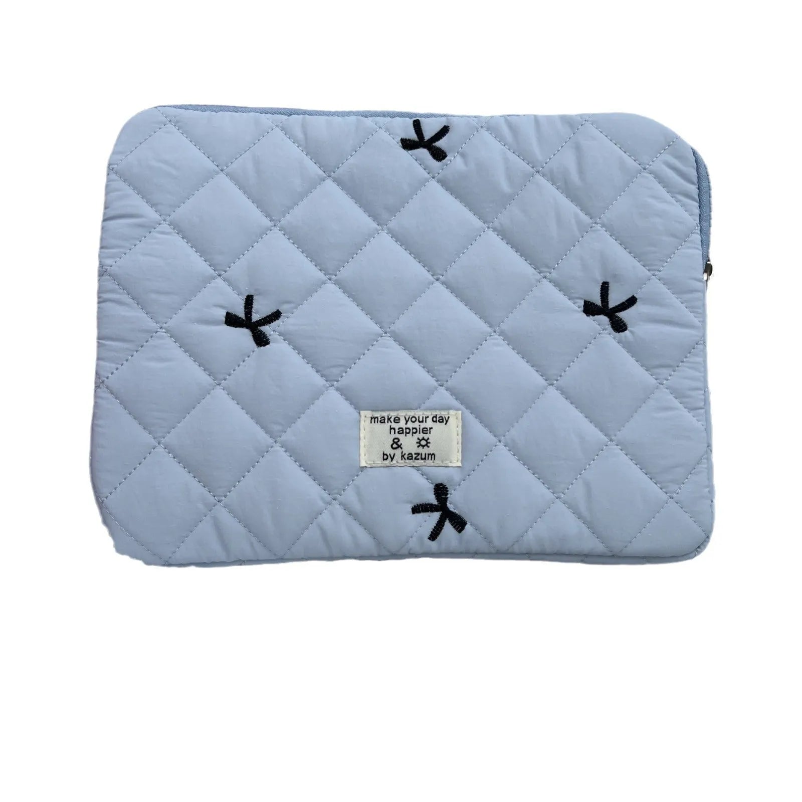 Rhombus embroidered bow design on nylon laptop storage bag showing colour and size options