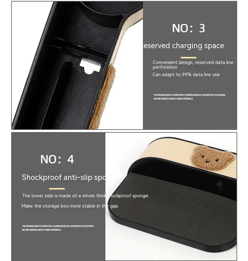 Leather car seat gap storage box with cartoon bear design for vehicle organisation
