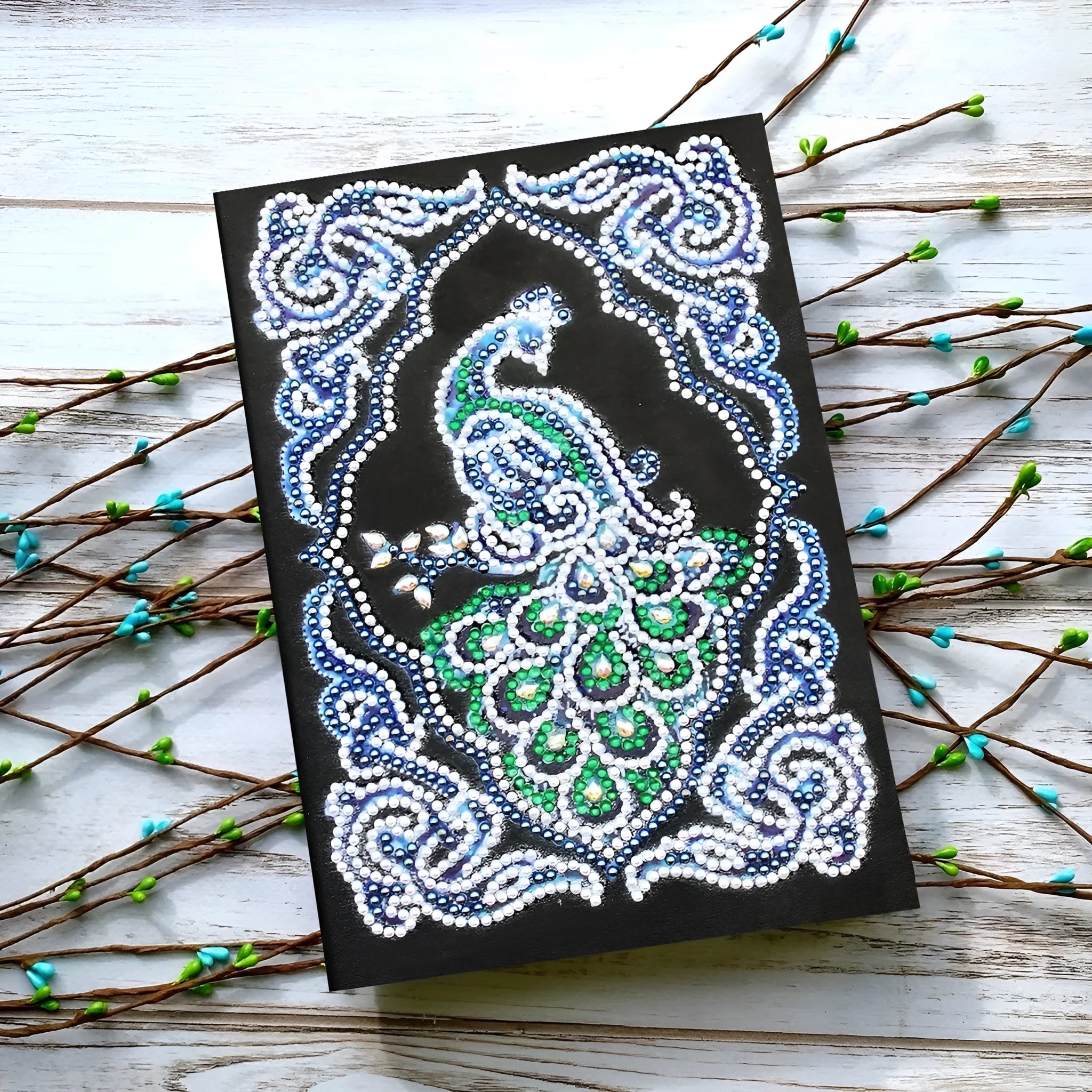 Peacock diamond painting decorative A5 journal notebook with black cover