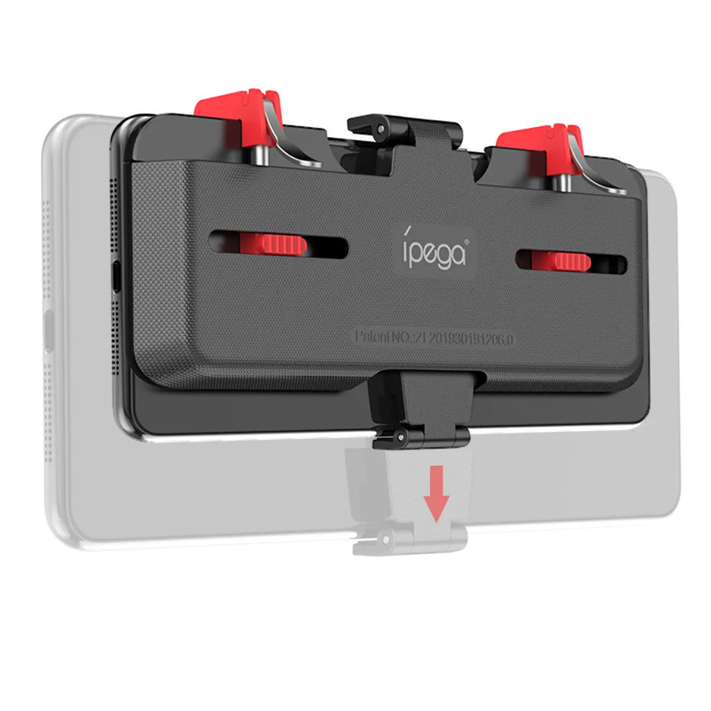 Black mobile phone game trigger handle bracket showing adjustable sliding trigger and telescopic fixing clip.