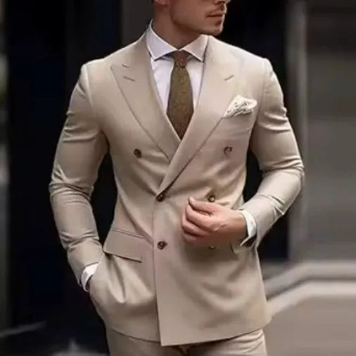 Men's slim fit two-piece business suit in cotton blend fabric