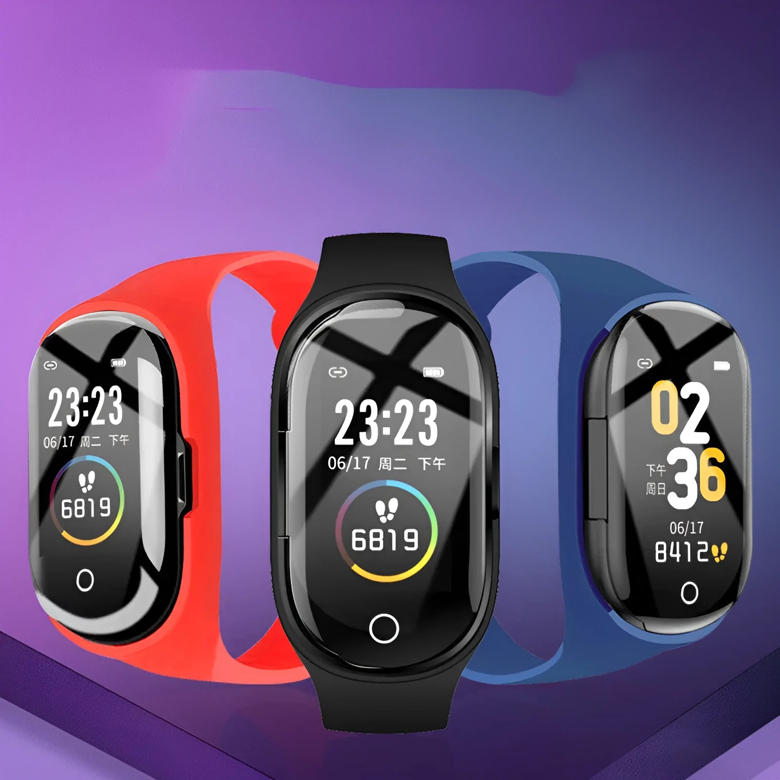 Smart bracelet earphone combo device with silicone wristband in blue, black, or red colours showing 1-inch screen