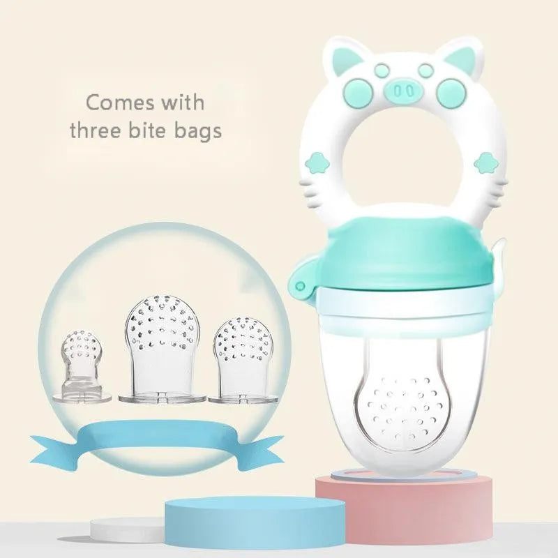 A blue silicone baby teether with a textured mouthpiece for chewing.