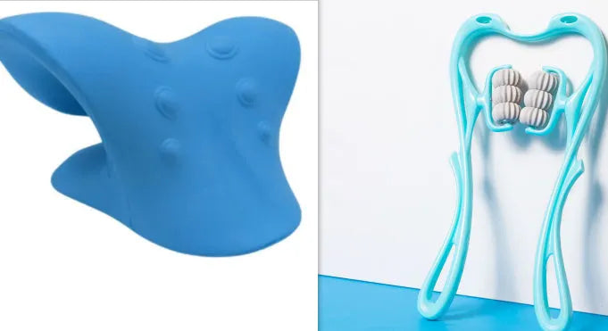 6-roller cervical neck massager in blue, ergonomic swan design, with 360° rotating massage balls and jade scraping board
