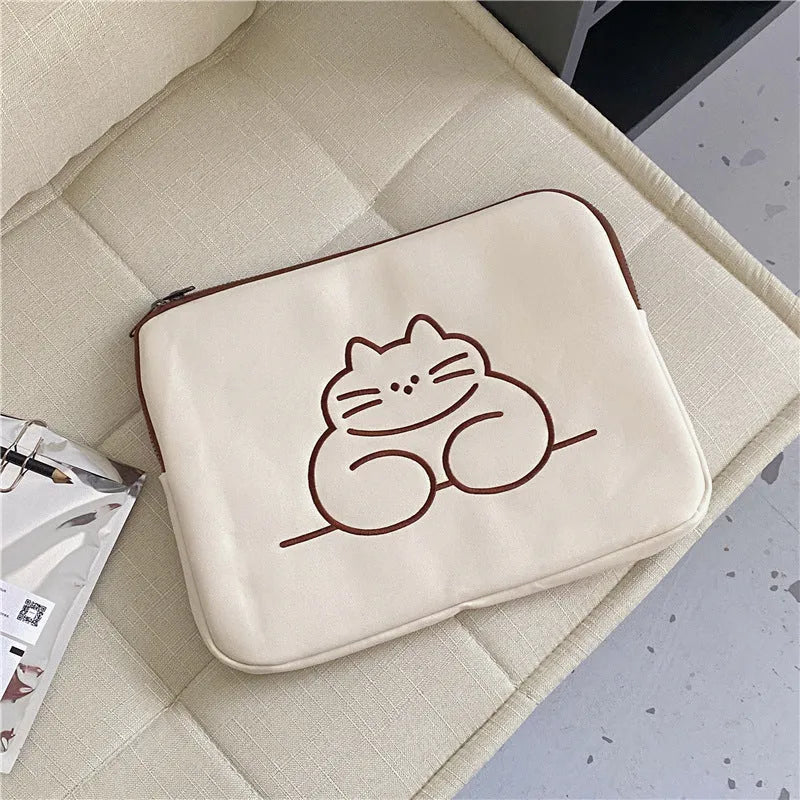Embroidered animal nylon tablet protective sleeve with zipper closure showing fat cat design