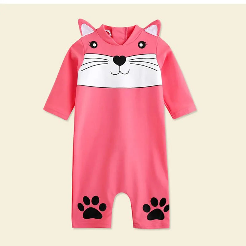 Blue long sleeve one-piece baby swimsuit made of high-elasticity polyester for sun protection and swimming
