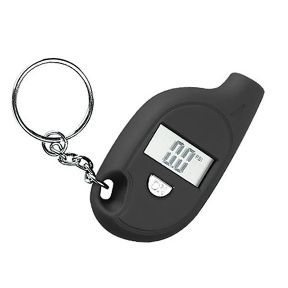 Black ABS keychain tire pressure gauge with LCD screen on keyring
