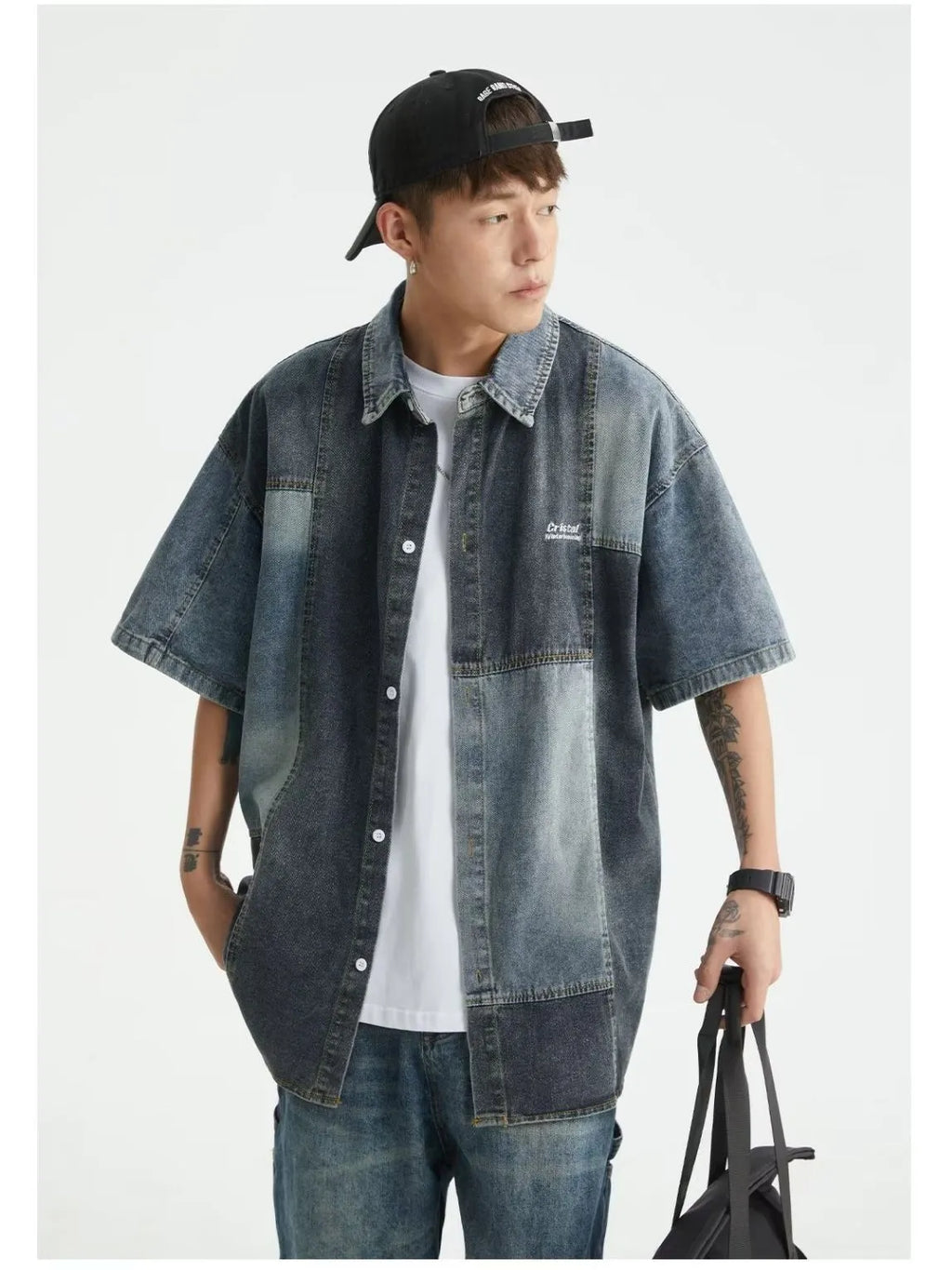 Blue Japanese-style denim shirt for men with washed stitching and loose cardigan fit