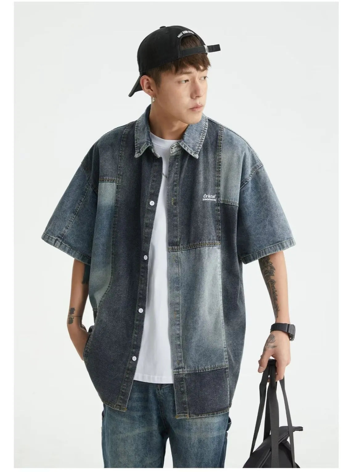 Blue Japanese-style denim shirt for men with washed stitching and loose cardigan fit