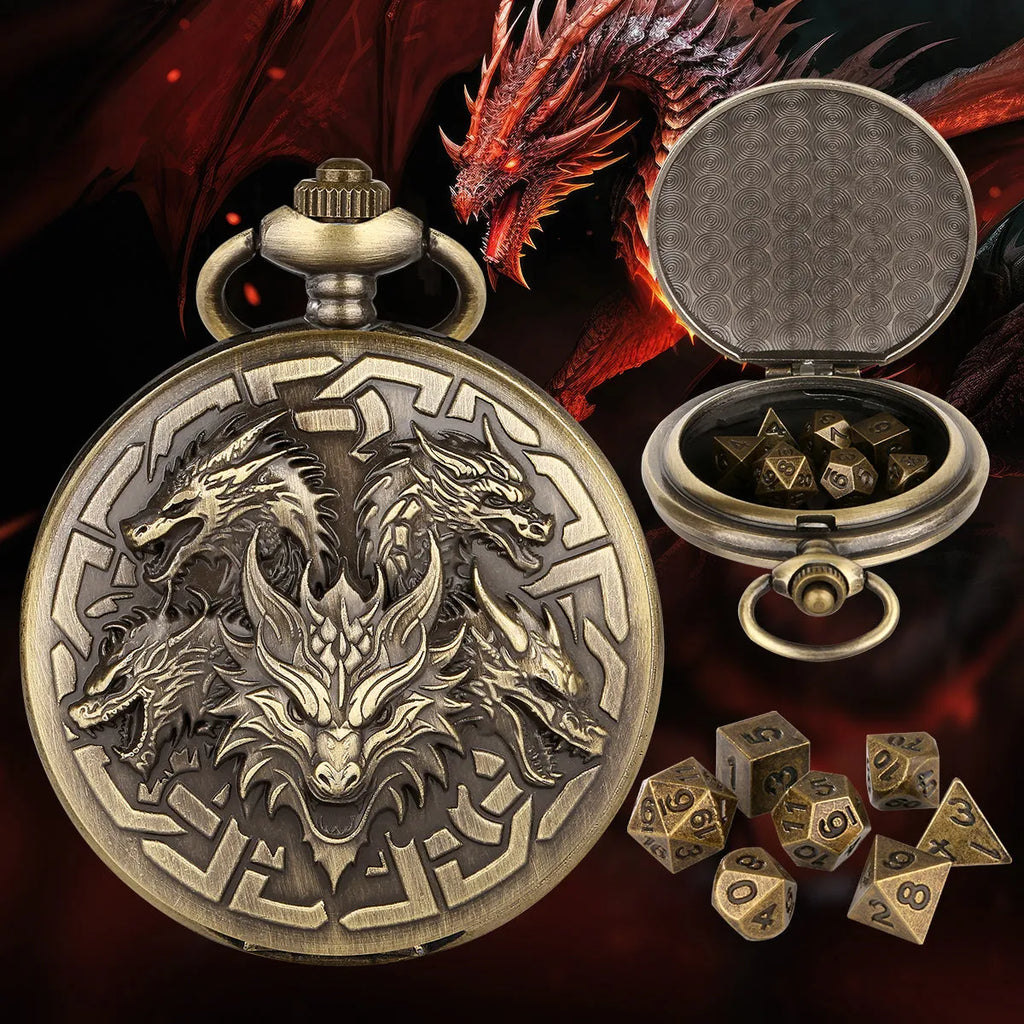 Steampunk pocket watch shaped dice set open revealing 7 polyhedral dice in zinc alloy bronze finish on dark background