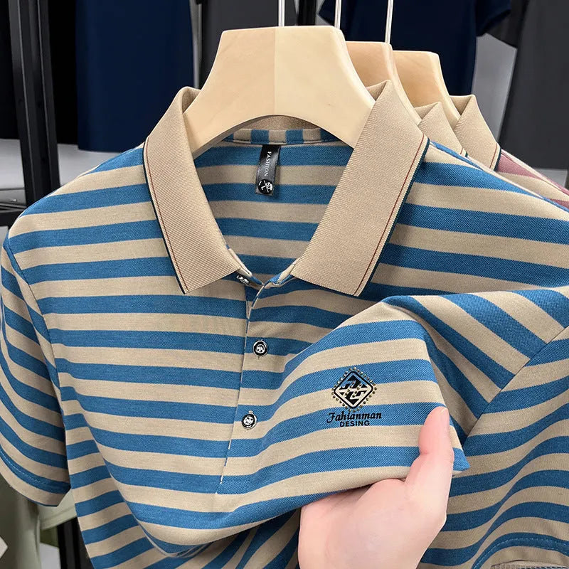 Men's striped casual short sleeve shirt with mosaic pattern in polyester fabric