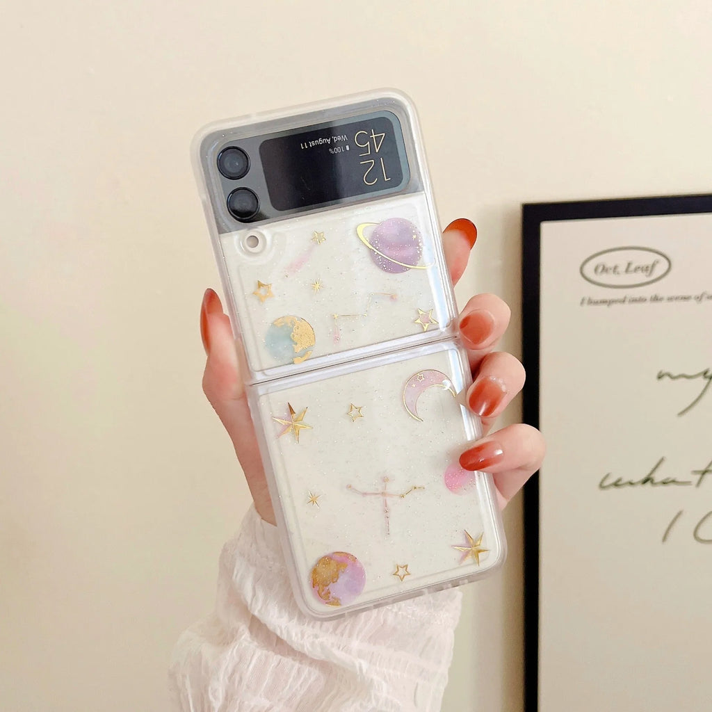 Drip glue rear phone case for Samsung ZFlip3 ZFlip4 with Star Moon pattern, shockproof, anti-drop, ins style