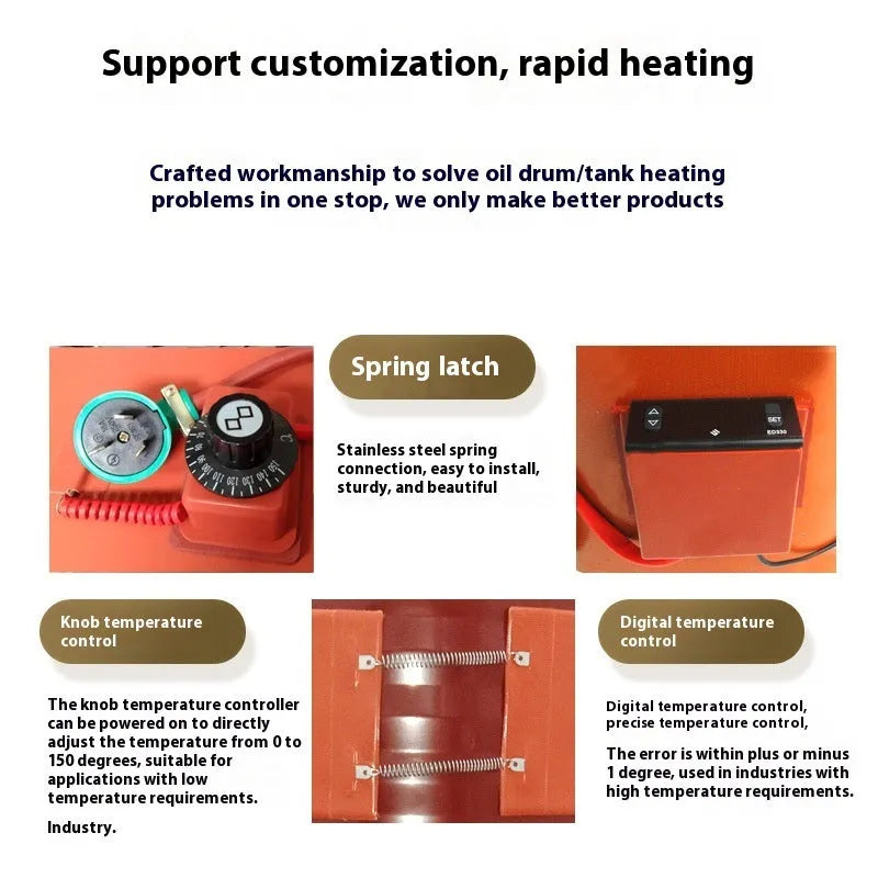 200-litre oil drum with wrapped silicone rubber heating belt and thermostat control