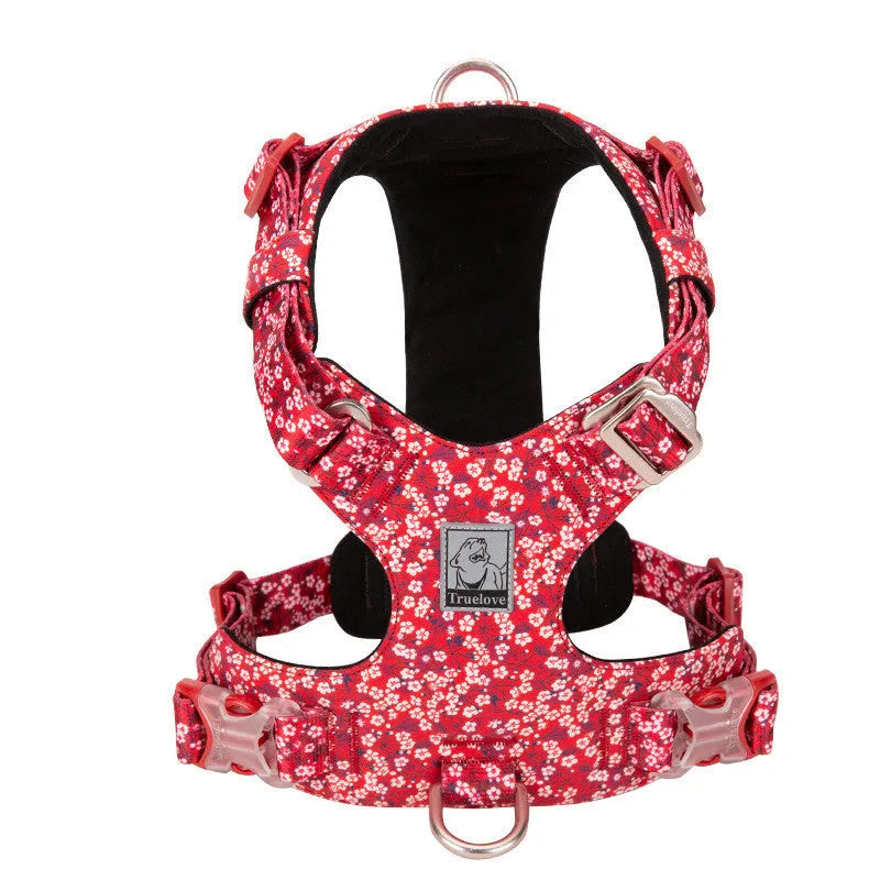 Floral pattern pure cotton pet chest strap harness for dogs and cats in red, blue, or green