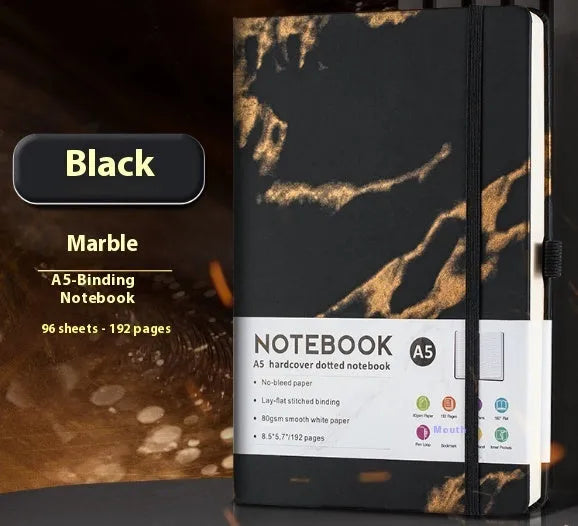 A5 PU leather strap notebook with horizontal lines available in marble and skin-feeling colours like black, blue, and gold