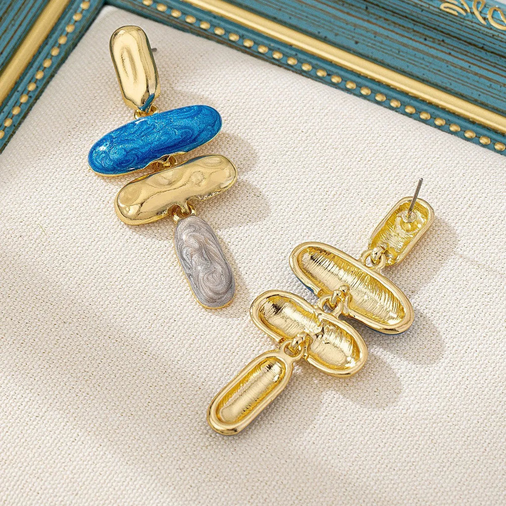 Geometry shaped stud earrings with multicolour electroplated finish on zinc alloy