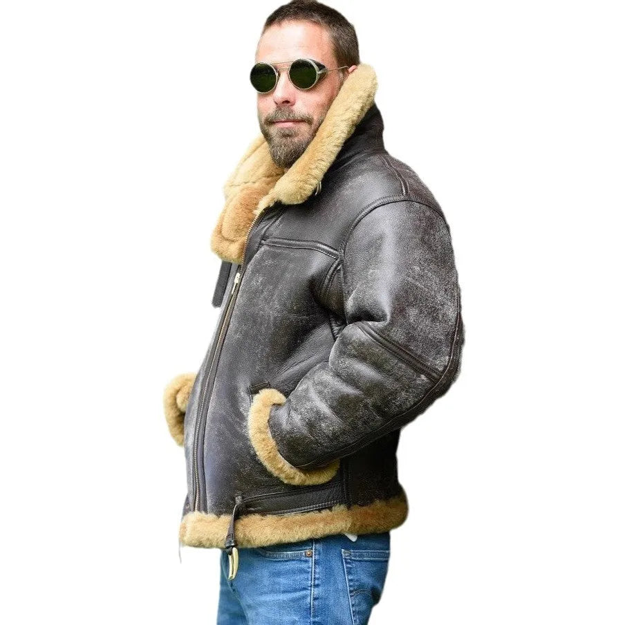 Men's brown retro synthetic leather fur coat with straight hem and side pockets