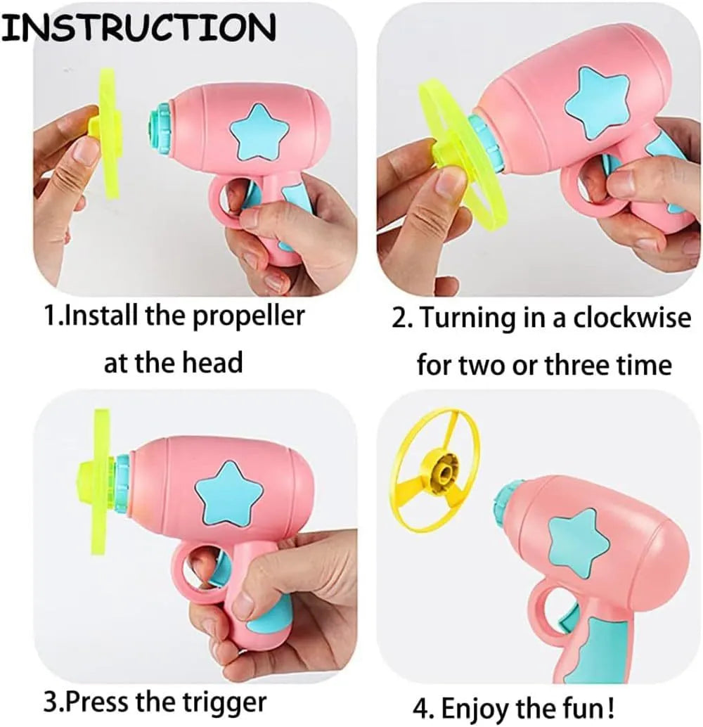 Blue interactive cat toy gun with plastic Frisbee mounted on launch mechanism