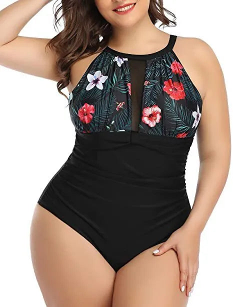 Women's black lace one-piece swimsuit shown next to striped and red floral pattern variants on a mannequin.