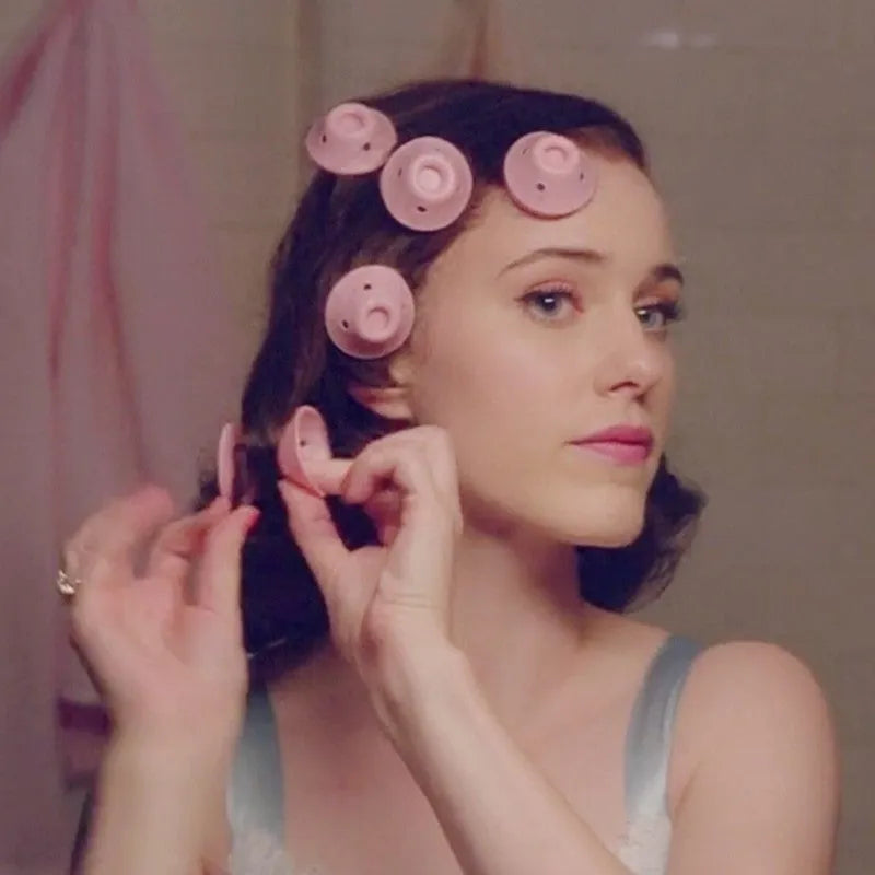 Set of ten soft silicone hair rollers in pink, blue, purple, and black, large 5cm and small 3.9cm diameter