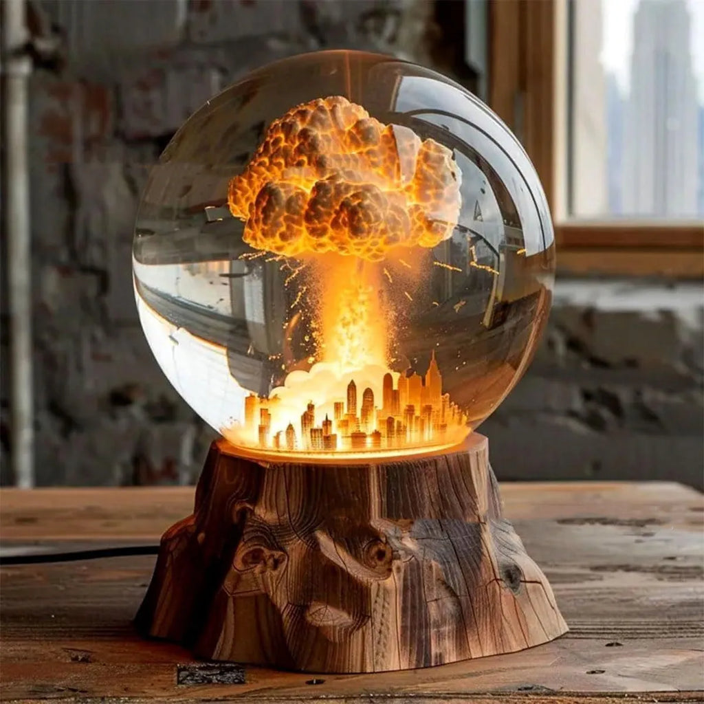 Close-up of a 3D atomic bomb explosion lamp in resin with hand-painted details, showing a mushroom cloud shape on a desk