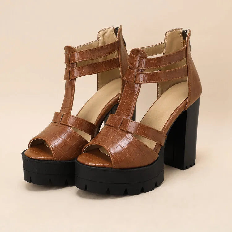 Women's platform high heel sandal in black with a round toe and a back zipper closure.