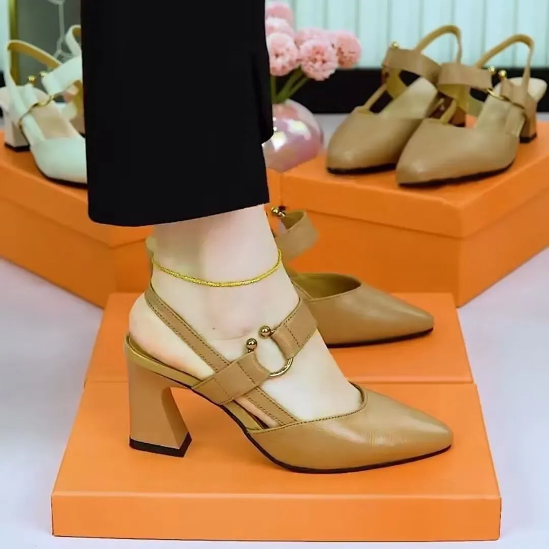 Women's closed toe leather sandals with a chunky heel and back strap in apricot colour