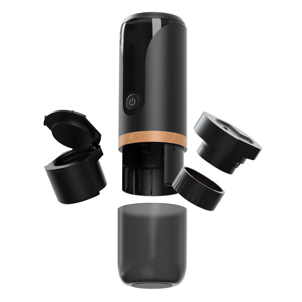 Portable camping coffee maker with plastic body, 75mm x 228mm, showing double mode for ground coffee and capsule holders