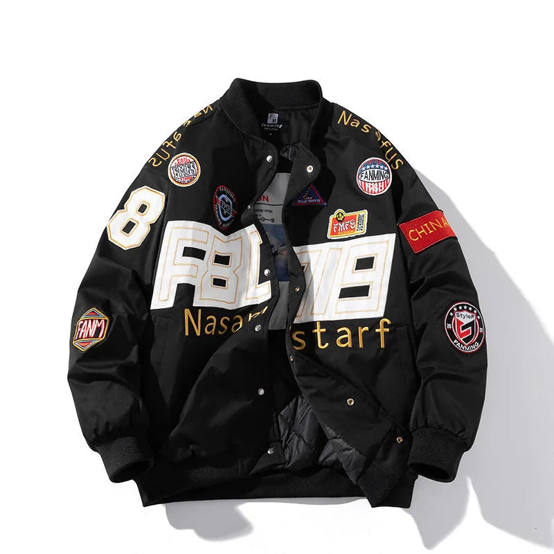 Black American motorcycle baseball uniform jacket with side pockets and removable hood