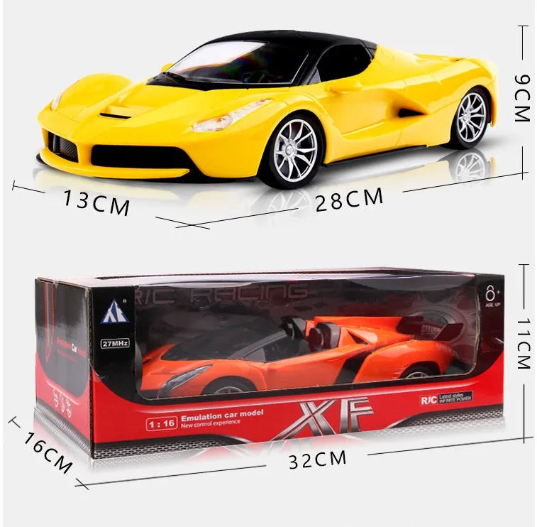 1:16 scale blue remote control racing car with LED lights and airflow line body on a surface