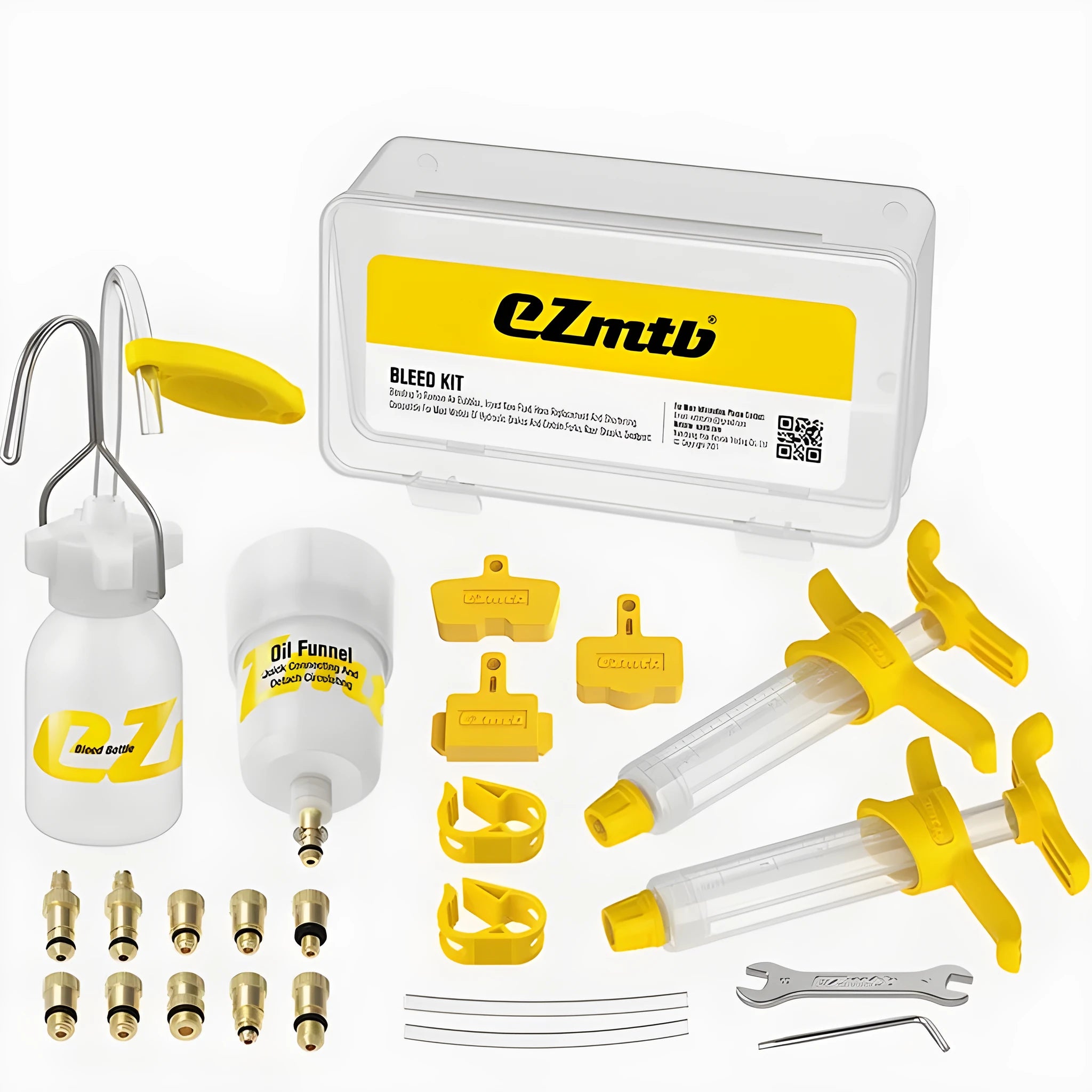 Bicycle hydraulic disc brake oil bleed kit with syringes, bottles, adapters and tools
