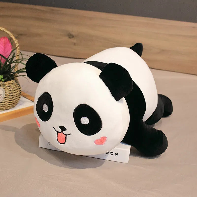 Large lying panda pillow in stretch soft velvet with down cotton filling, 85cm size, Triangle-Eye Smile design