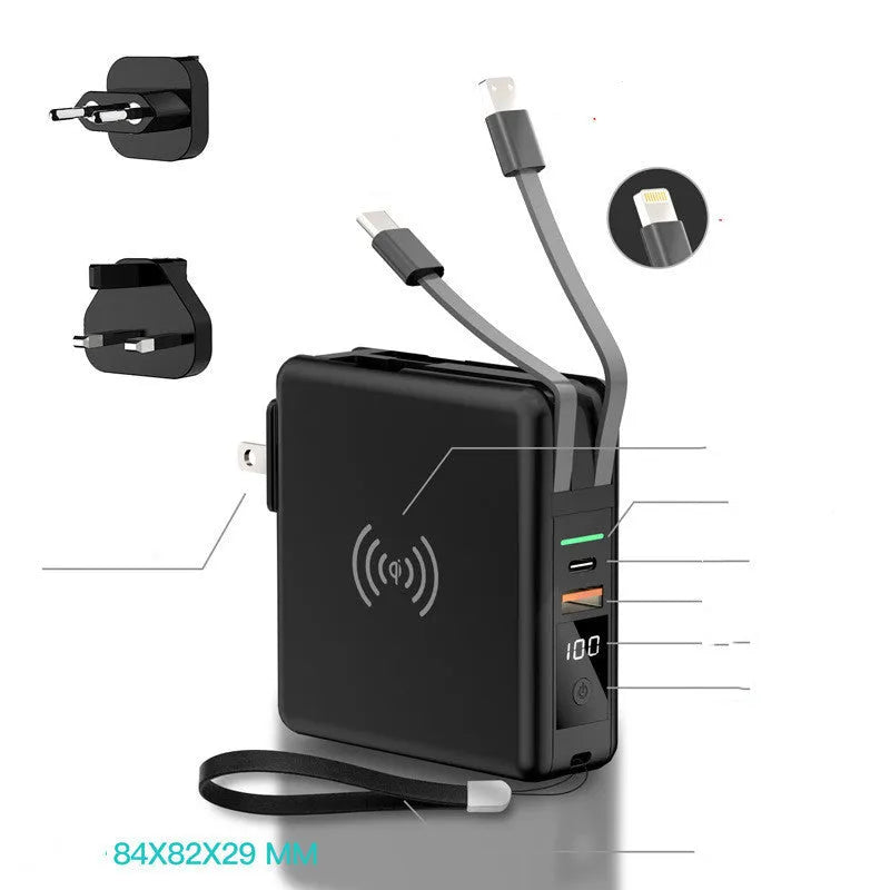 Super QI wireless power bank with built-in folding plug, shown in black and white.
