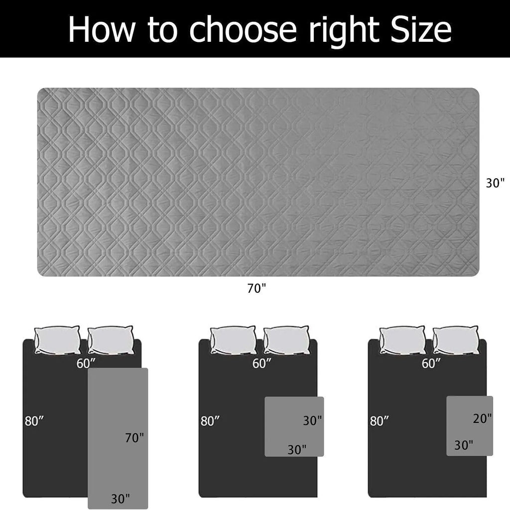 Waterproof reversible dog blanket on a sofa, showing two colour sides, with size chart for nine options.