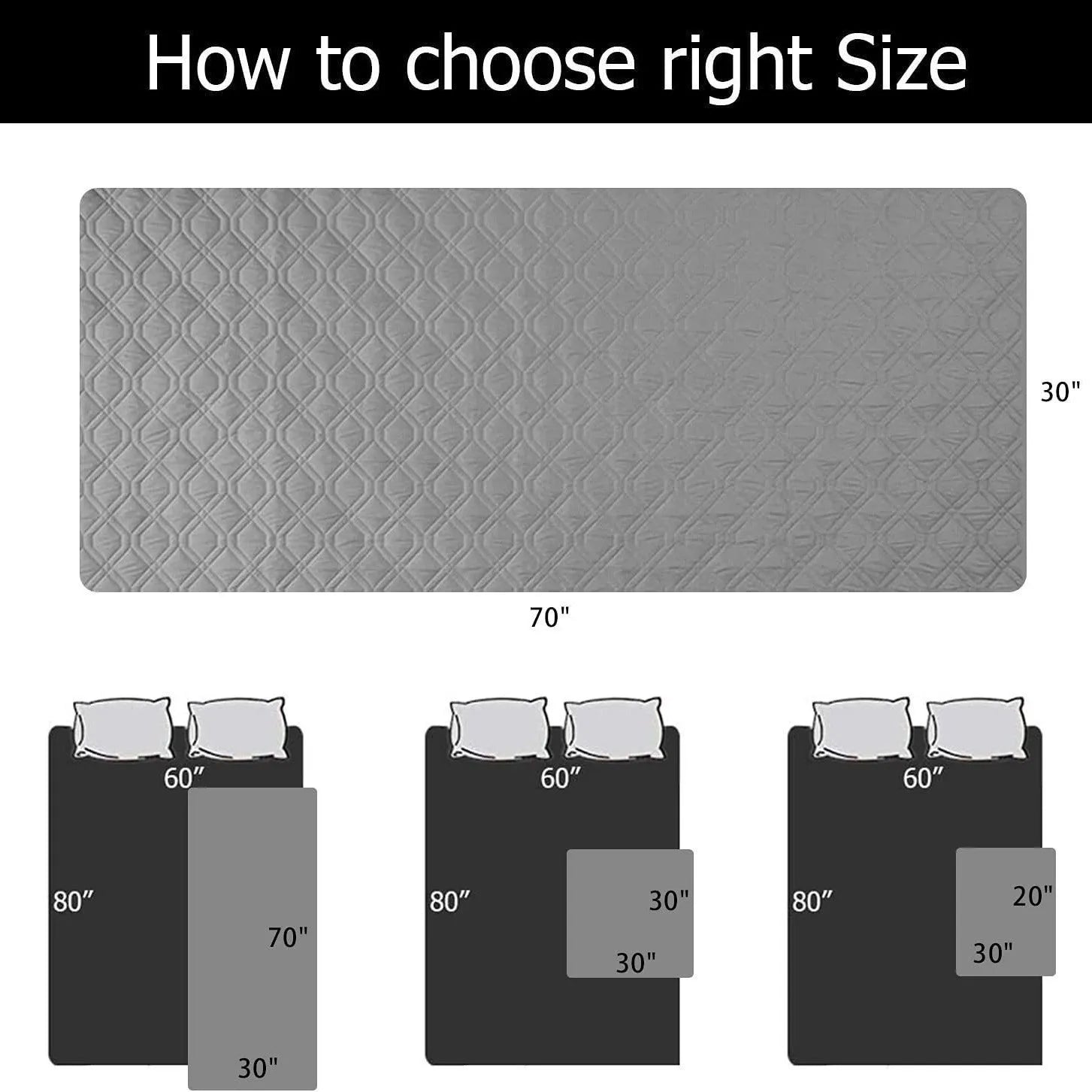 Waterproof reversible dog blanket on a sofa, showing two colour sides, with size chart for nine options.