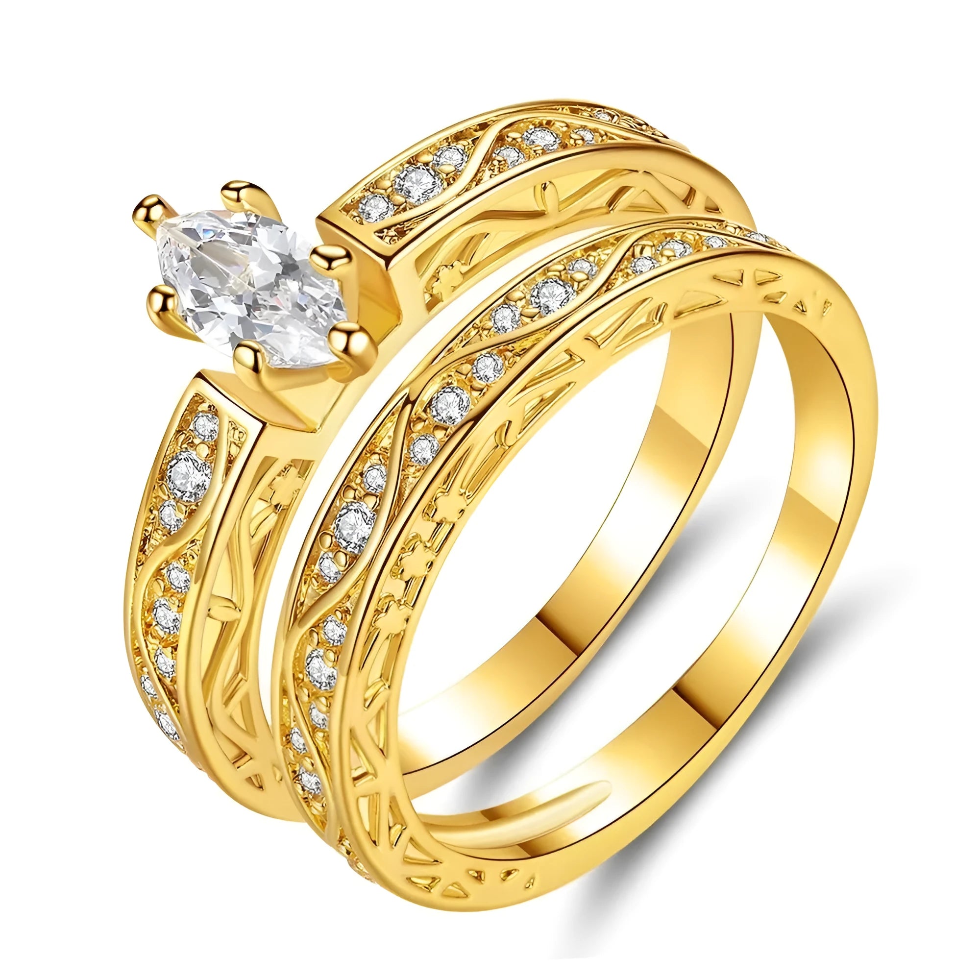 Pair of copper couple rings with horse eye zircon stone, geometric shape, electroplated finish, sizes 6-9