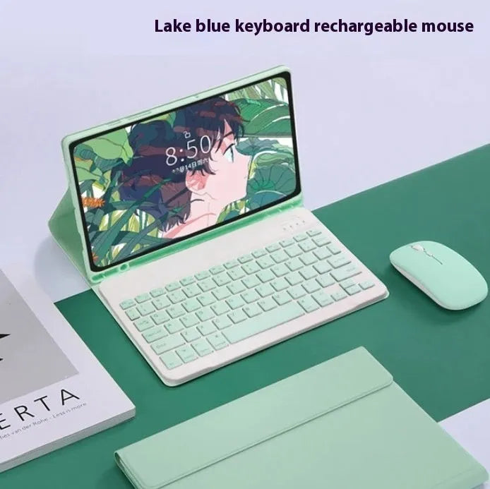 Samsung Galaxy tablet in a TPU protective case with a matching Bluetooth keyboard and charging mouse.
