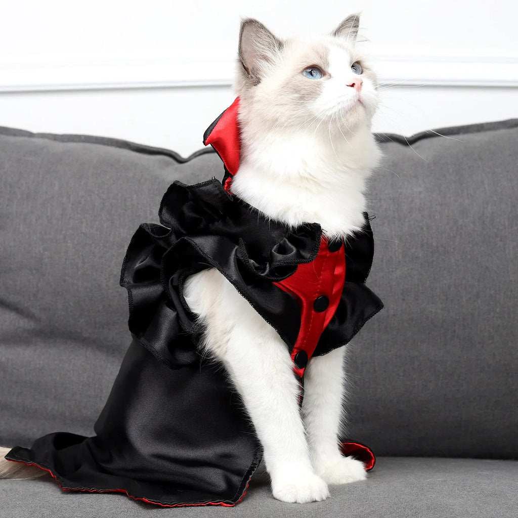 Cat wearing black and red vampire Halloween costume, two-legged style with polyester spandex fabric