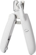 White pet nail clippers with LED light, anti-splash transparent guard, and a leather-like handle on a blue background.