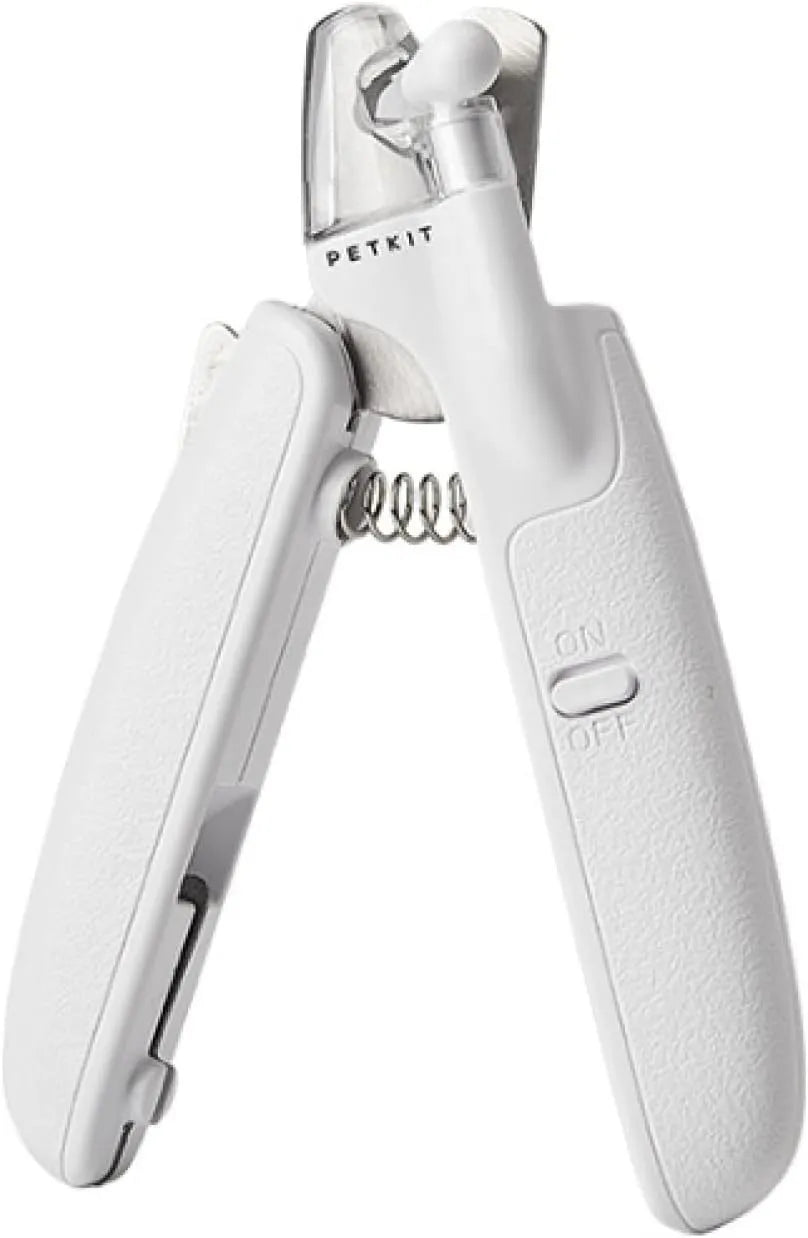 White pet nail clippers with LED light, anti-splash transparent guard, and a leather-like handle on a blue background.