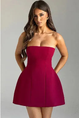 Women's backless solid colour tube dress with A-line skirt and high waist design