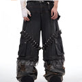 Men's grey camouflage jeans with splicing construction and pin ribbon details