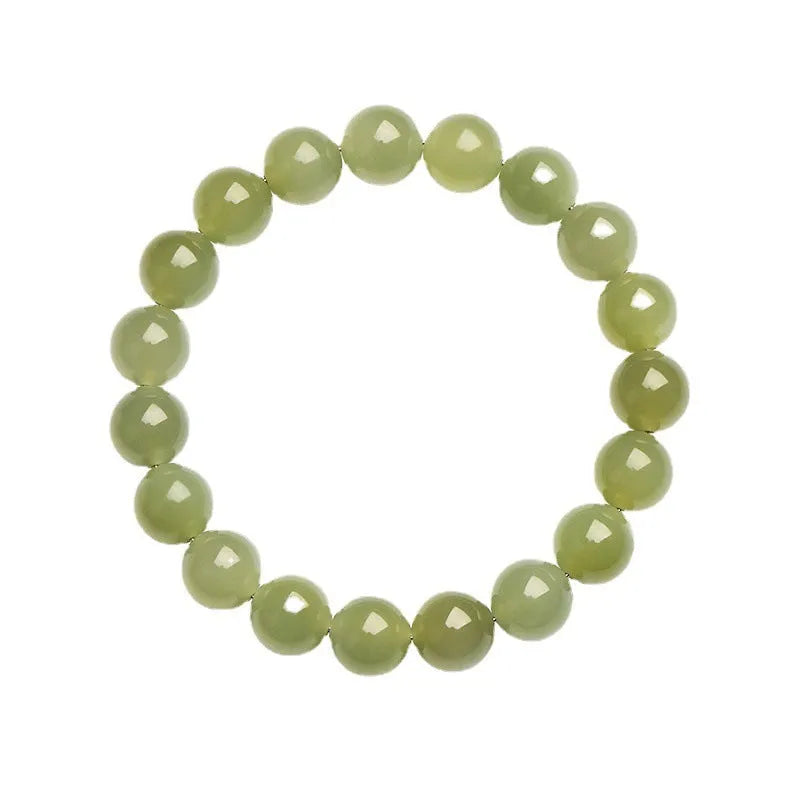 Polished Hetian jade bead bracelet showing deep water clear and light water clear colour options.